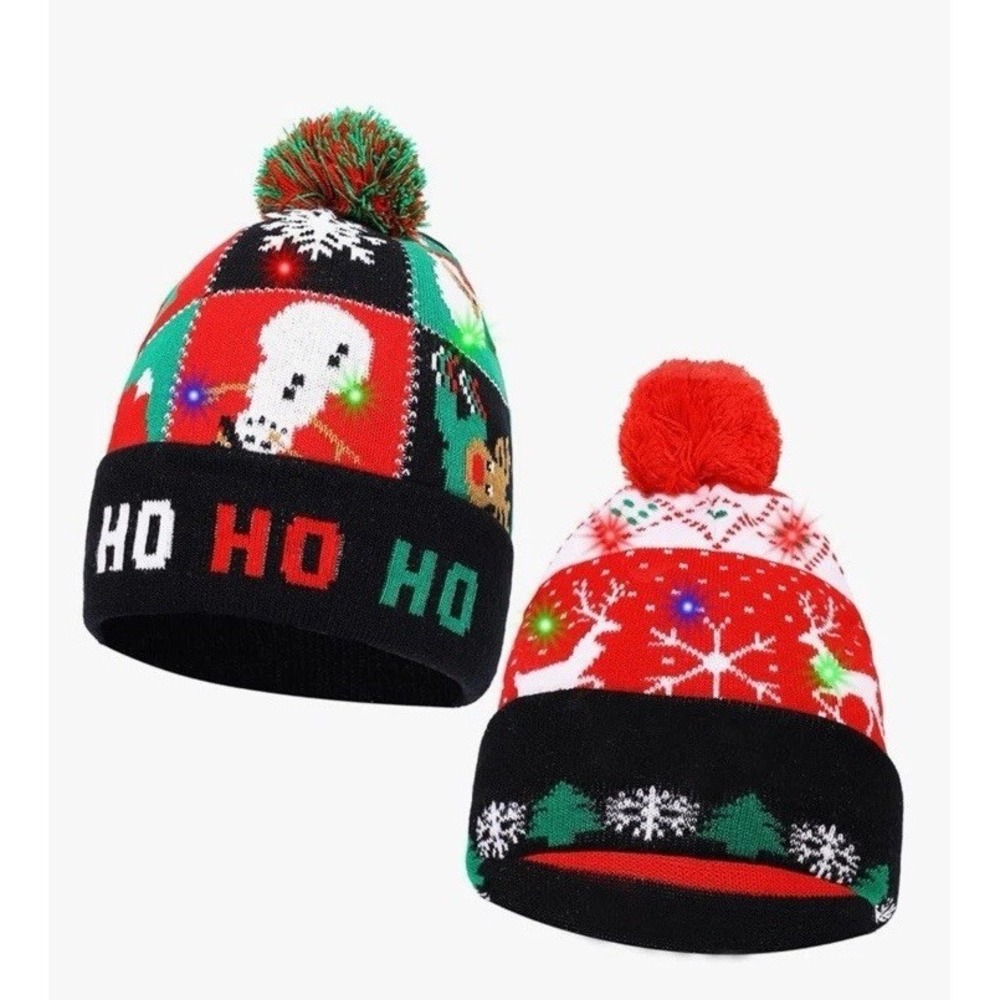 2‎ Pack LED Christmas Light-up Sweater Hats, Colorful Flashing Knitted Beanie